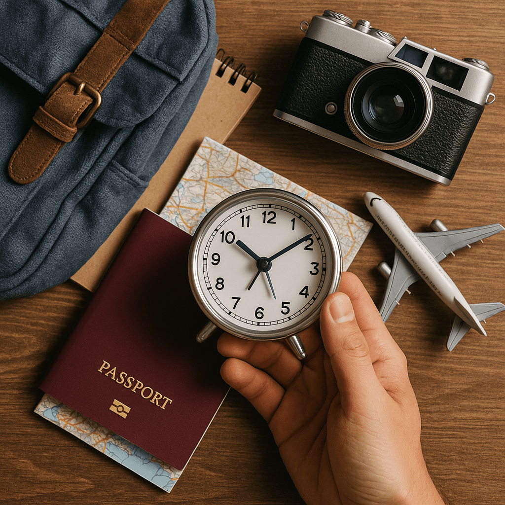 travel items on a desk while man holds a clock in hand